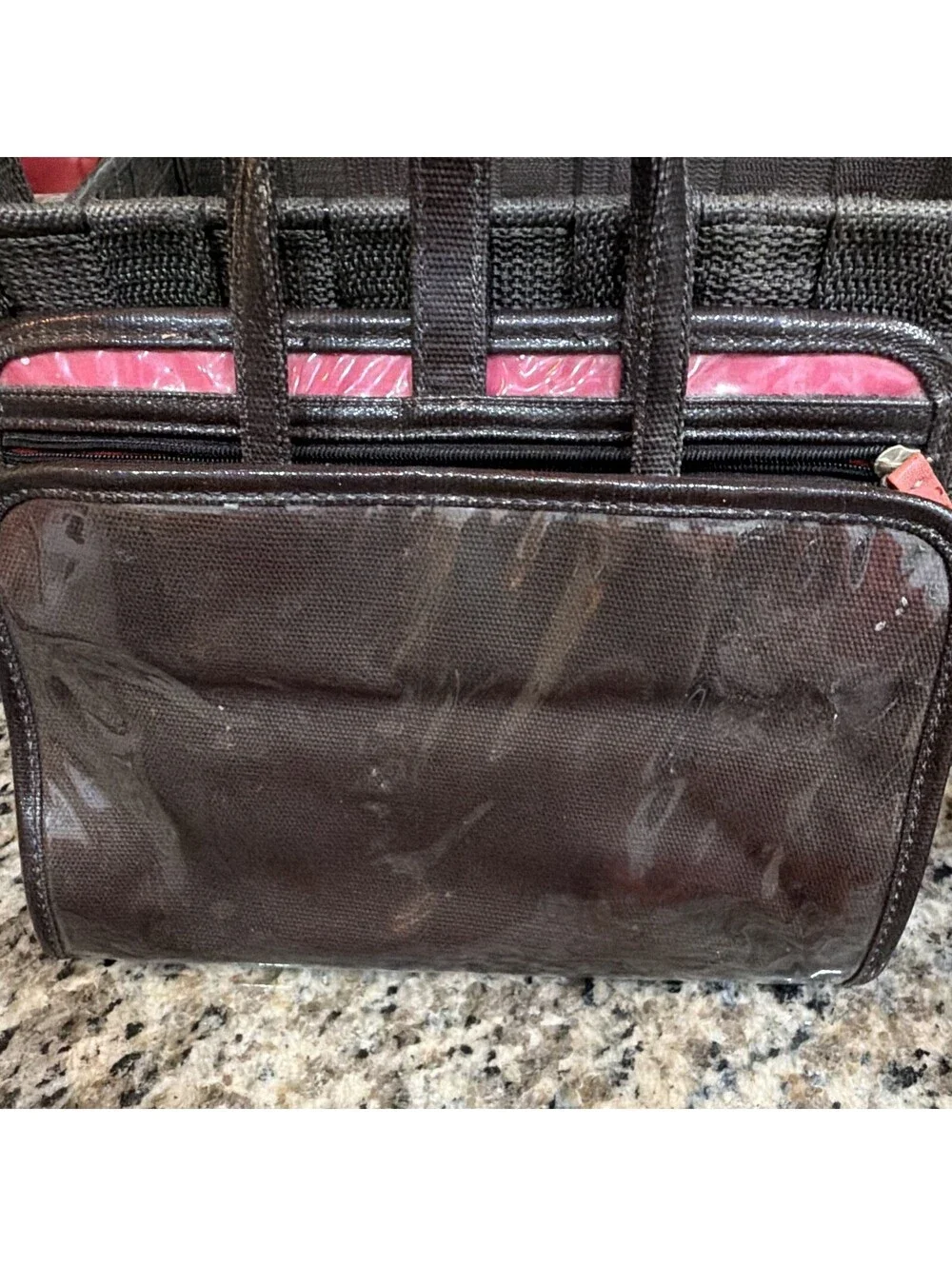 Kate Spade Clear Roll Up Hanging Makeup Travel Bag Pink Black Trim